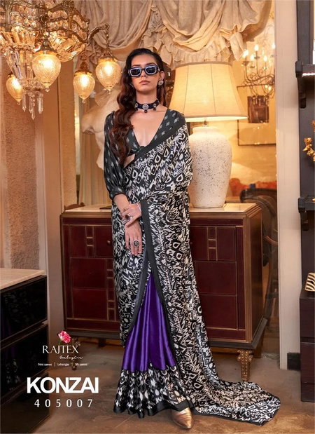 Konzai By Rajtex Black And Purple Patola Printed Satin Crepe Saree Online Wholesale